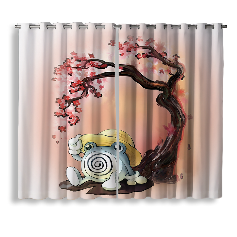 Poliwhirl Pokemon Cherry Blossom Window Curtain