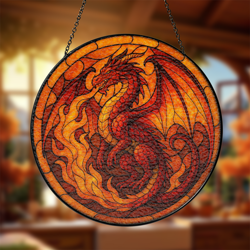 Red Fire Dragon Stained Glass Suncatcher