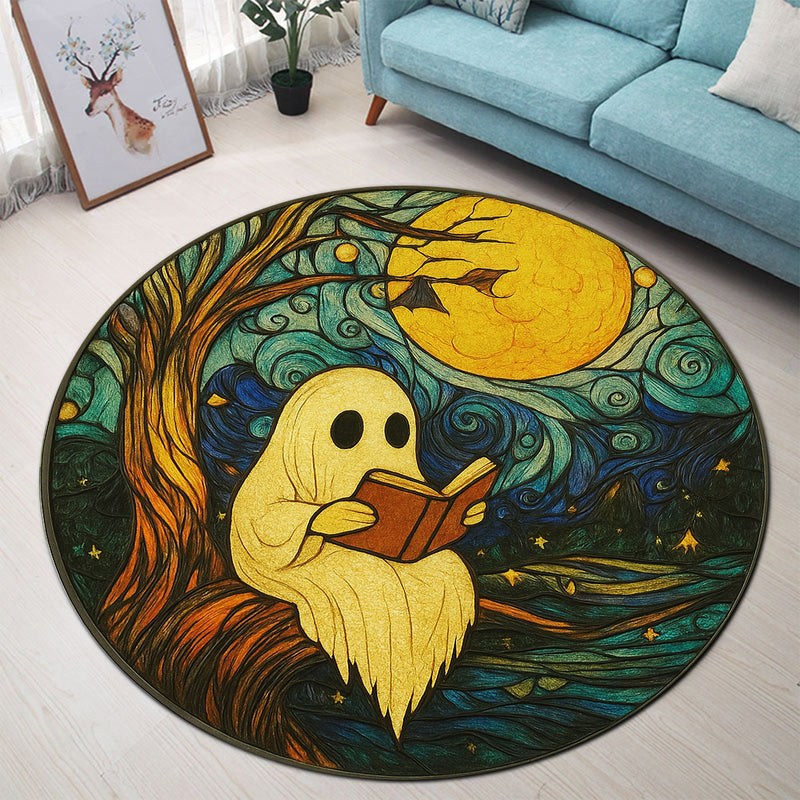 Book Round Rug Ghost Read Book Under Moon Night Stained Glass Round Rug