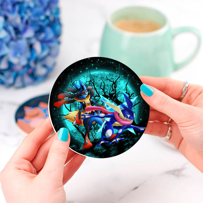 Greninja Satoshi And Mega Lucario Pokemon Moonlight Halloween Ceramic Decor Coaster - Gift Idea