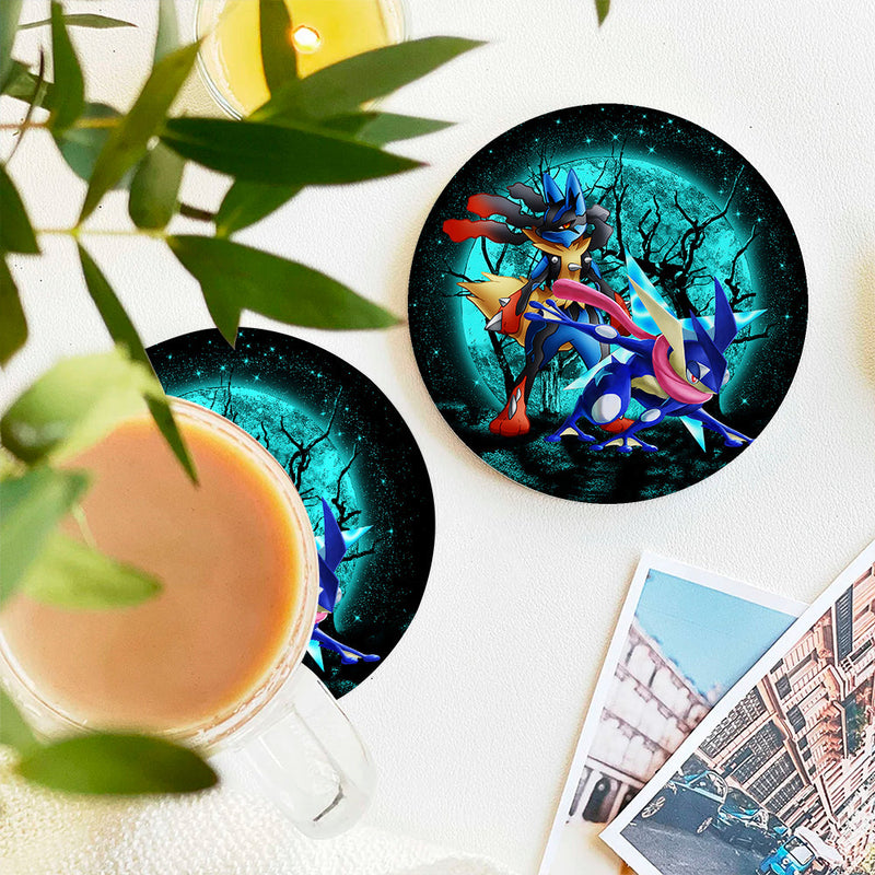 Greninja Satoshi And Mega Lucario Pokemon Moonlight Halloween Ceramic Decor Coaster - Gift Idea