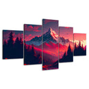 Red Sky Forest Majestic Mountains 5 Piece Canvas Wall Art - Modern Home Decor