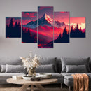 Red Sky Forest Majestic Mountains 5 Piece Canvas Wall Art - Modern Home Decor