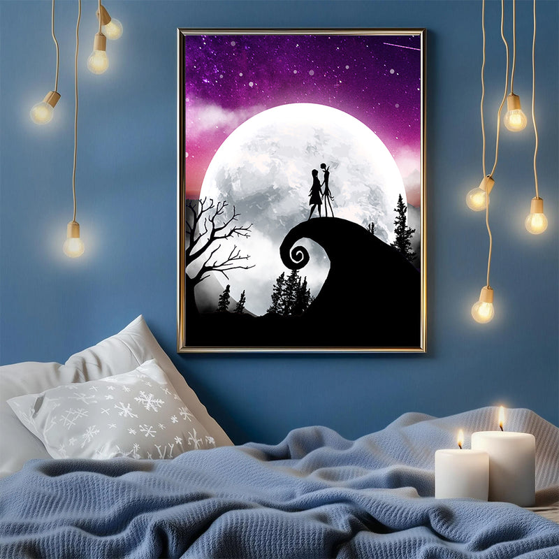 Jack Sally Nightmare Before Christmas Moon Night - Living Room - Canvas Wall Art - Print - Wall Decor