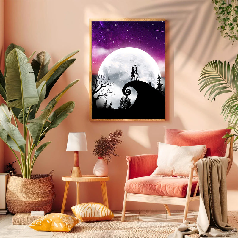 Jack Sally Nightmare Before Christmas Moon Night - Living Room - Canvas Wall Art - Print - Wall Decor