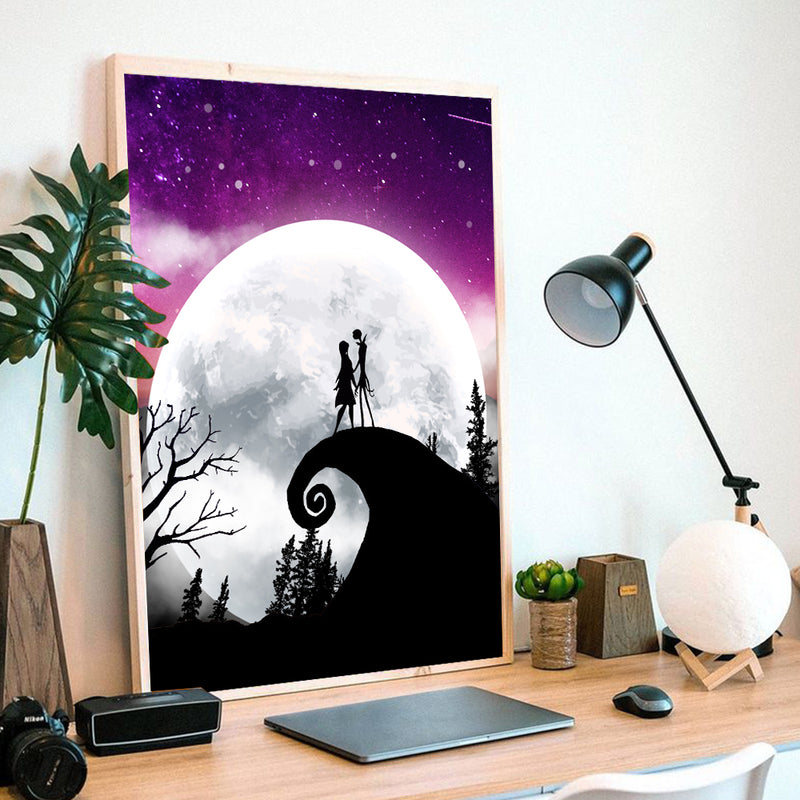 Jack Sally Nightmare Before Christmas Moon Night - Living Room - Canvas Wall Art - Print - Wall Decor