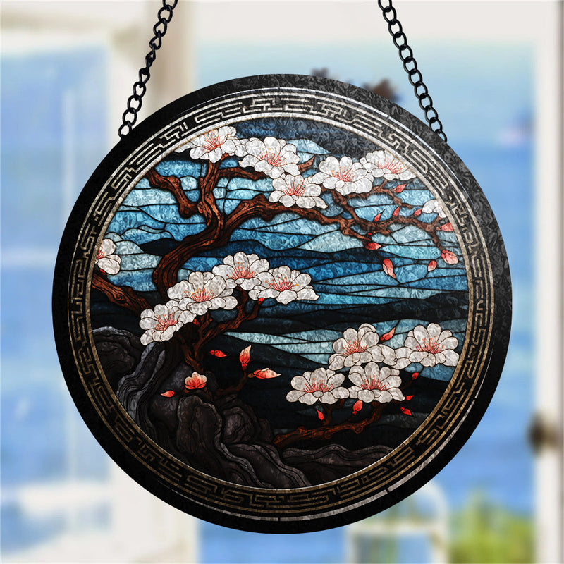 Japan Sakura Round Stained Glass Suncatcher