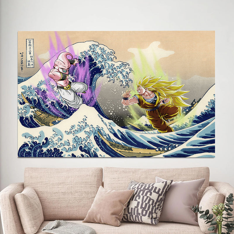 Kid Buu Vs Goku Dragon Ball The Great Wave Japan - Living Room - Canvas Wall Art - Print - Wall Decor