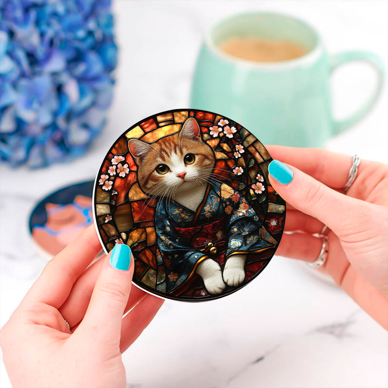 Kimono Cat Stained Glass Decor Coaster - Gift Idea