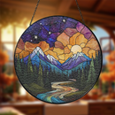 Landscape Mountain In Forest Night Round Stained Glass Suncatcher