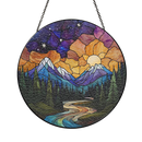 Landscape Mountain In Forest Night Round Stained Glass Suncatcher