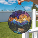Landscape Mountain In Forest Night Round Stained Glass Suncatcher