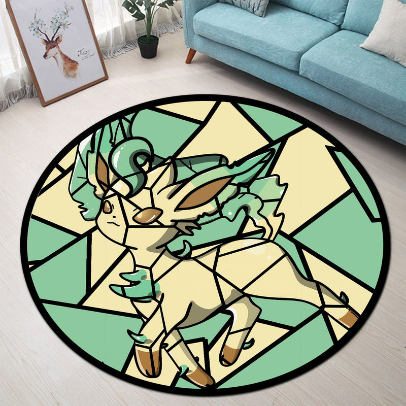 Leafeon Eevee Evolution Pokemon Stained Glass Round Rug
