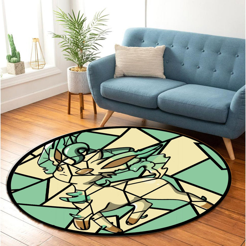 Leafeon Eevee Evolution Pokemon Stained Glass Round Rug