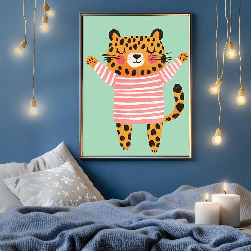 Leopard Wearing Pink Striped Pyjamas - Living Room - Canvas Wall Art - Print - Wall Decor