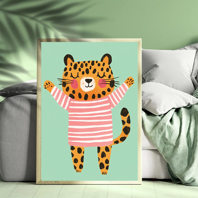 Leopard Wearing Pink Striped Pyjamas - Living Room - Canvas Wall Art - Print - Wall Decor