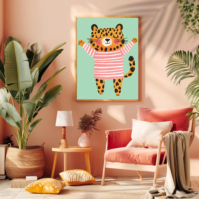 Leopard Wearing Pink Striped Pyjamas - Living Room - Canvas Wall Art - Print - Wall Decor