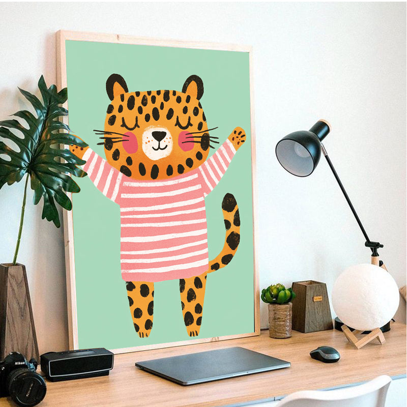 Leopard Wearing Pink Striped Pyjamas - Living Room - Canvas Wall Art - Print - Wall Decor