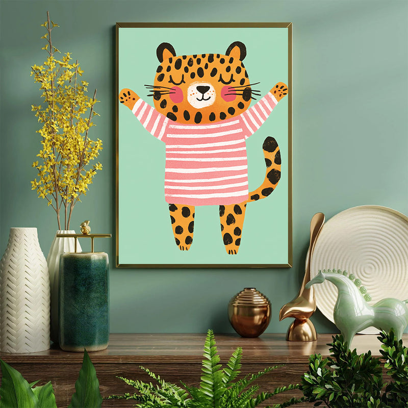 Leopard Wearing Pink Striped Pyjamas - Living Room - Canvas Wall Art - Print - Wall Decor