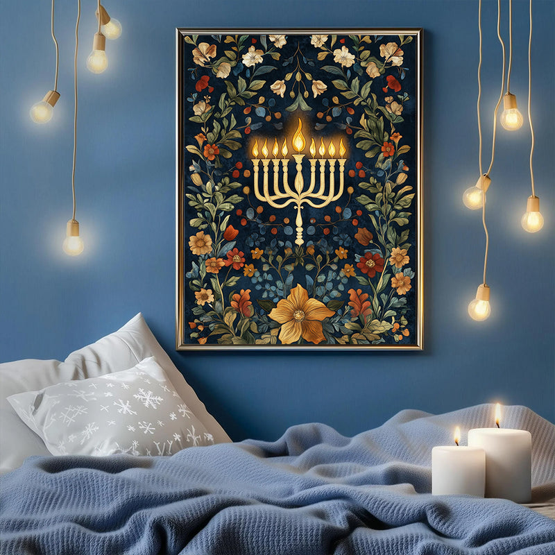 Lighted Menorah On A Dark Wildflowers And Vines - Living Room - Canvas Wall Art - Print - Wall Decor