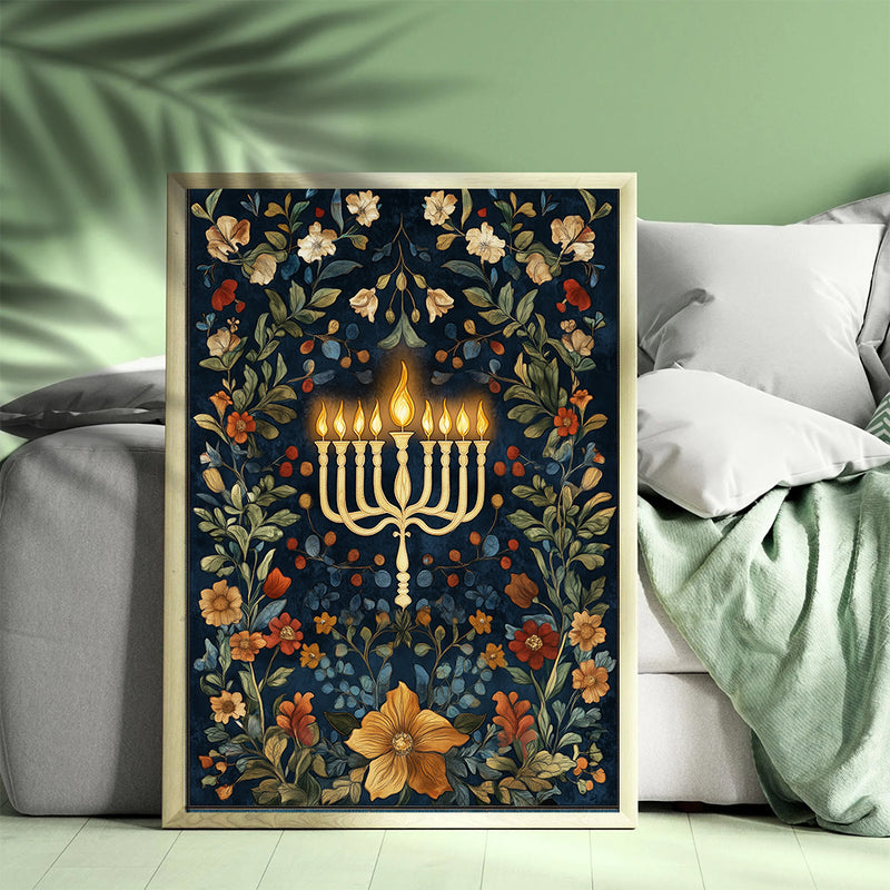 Lighted Menorah On A Dark Wildflowers And Vines - Living Room - Canvas Wall Art - Print - Wall Decor