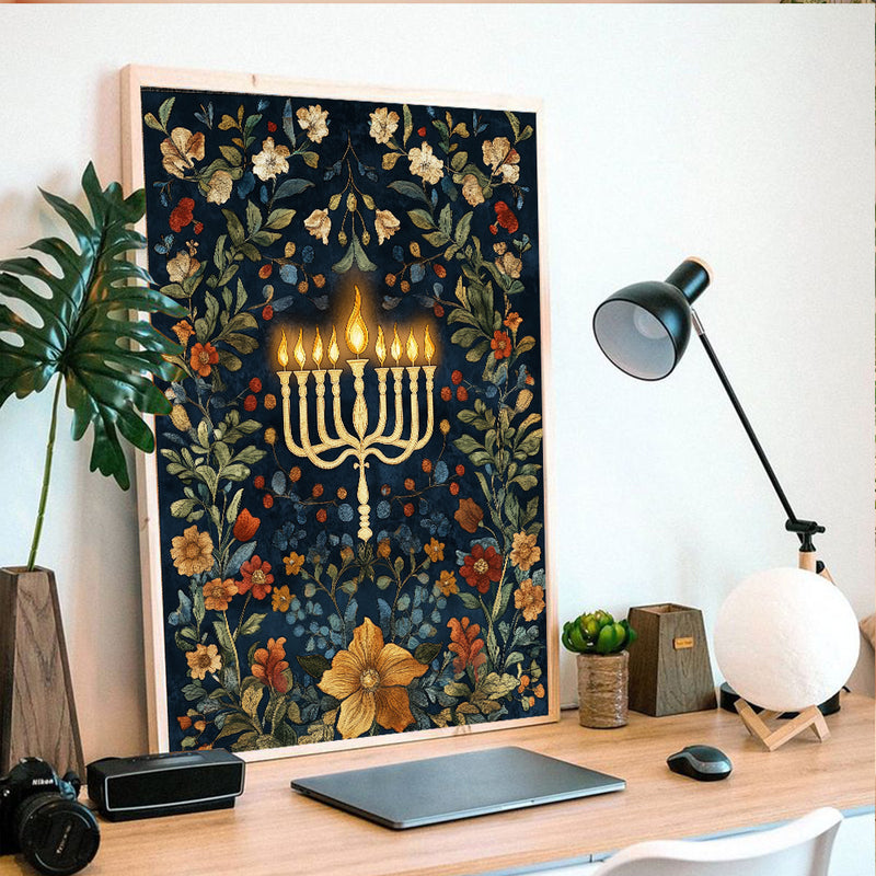 Lighted Menorah On A Dark Wildflowers And Vines - Living Room - Canvas Wall Art - Print - Wall Decor