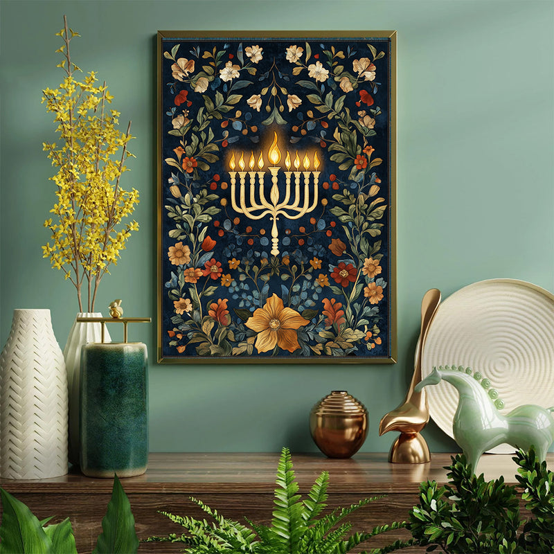 Lighted Menorah On A Dark Wildflowers And Vines - Living Room - Canvas Wall Art - Print - Wall Decor