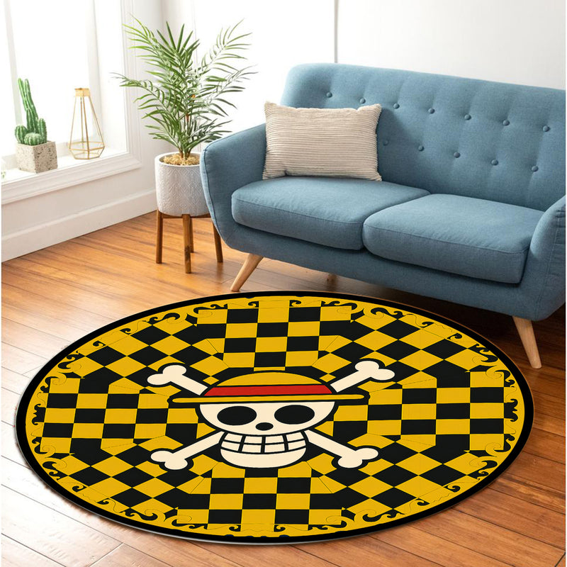 One Piece Straw Hat Jolly Roger Yellow Checkered Round Rug