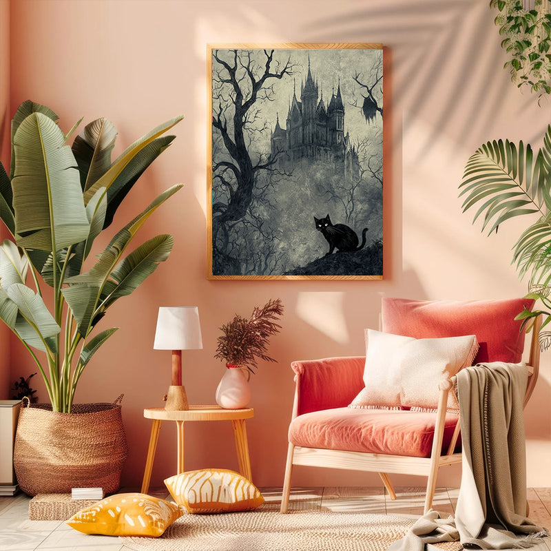 Black Cat And Castle In Gray Forest - Living Room - Canvas Wall Art - Print - Wall Decor