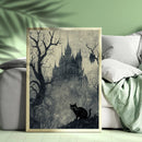 Black Cat And Castle In Gray Forest - Living Room - Canvas Wall Art - Print - Wall Decor