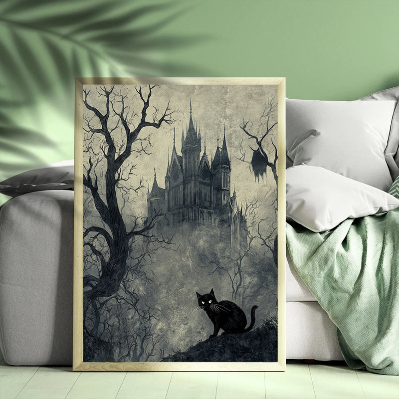 Black Cat And Castle In Gray Forest - Living Room - Canvas Wall Art - Print - Wall Decor