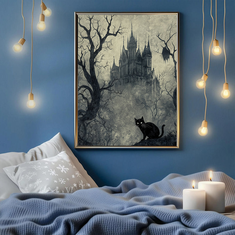 Black Cat And Castle In Gray Forest - Living Room - Canvas Wall Art - Print - Wall Decor