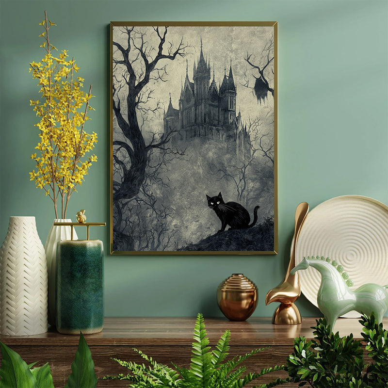 Black Cat And Castle In Gray Forest - Living Room - Canvas Wall Art - Print - Wall Decor