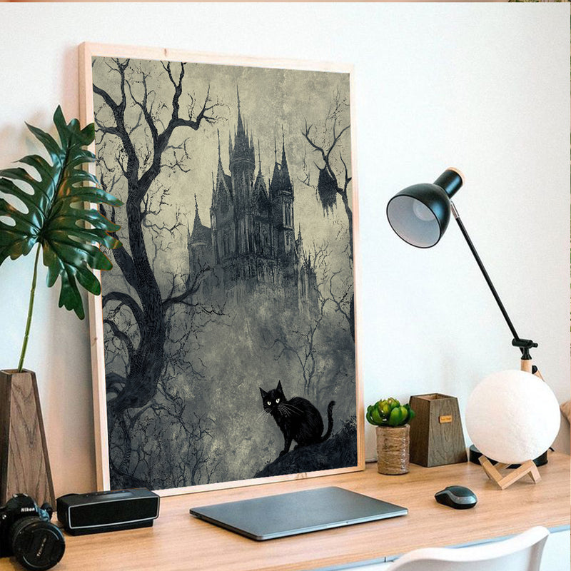 Black Cat And Castle In Gray Forest - Living Room - Canvas Wall Art - Print - Wall Decor