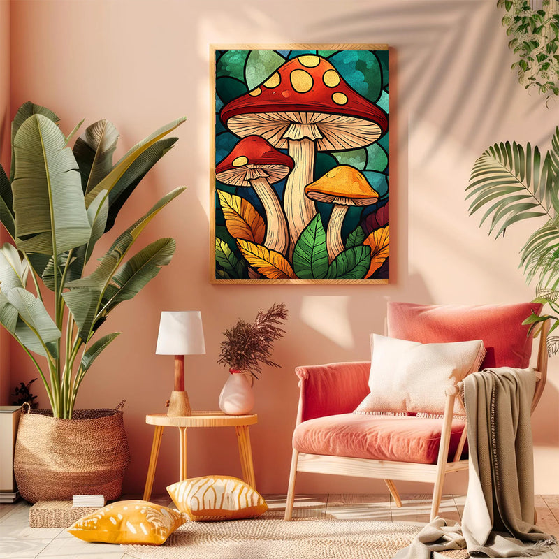 Mushrooms Stained Glass - Living Room - Canvas Wall Art - Print - Wall Decor