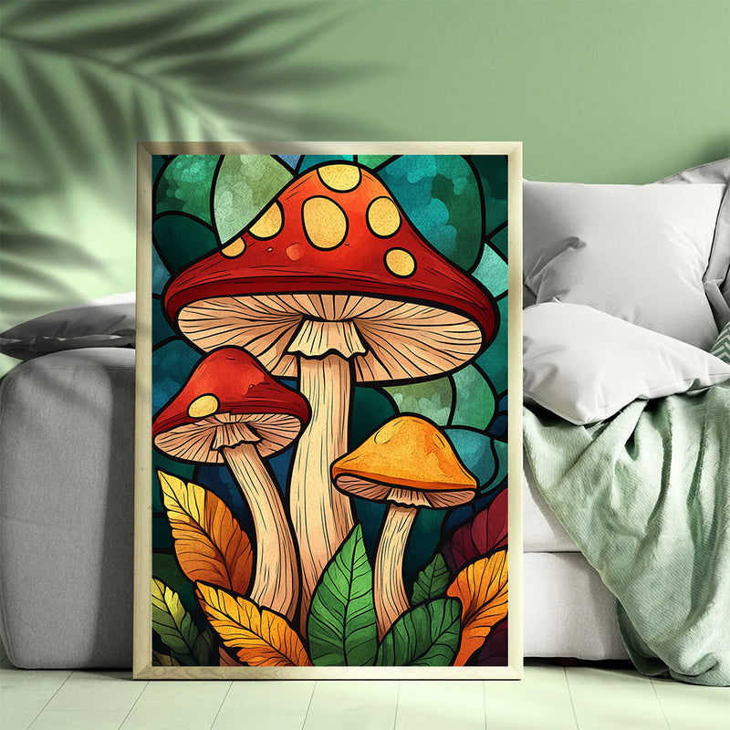 Mushrooms Stained Glass - Living Room - Canvas Wall Art - Print - Wall Decor