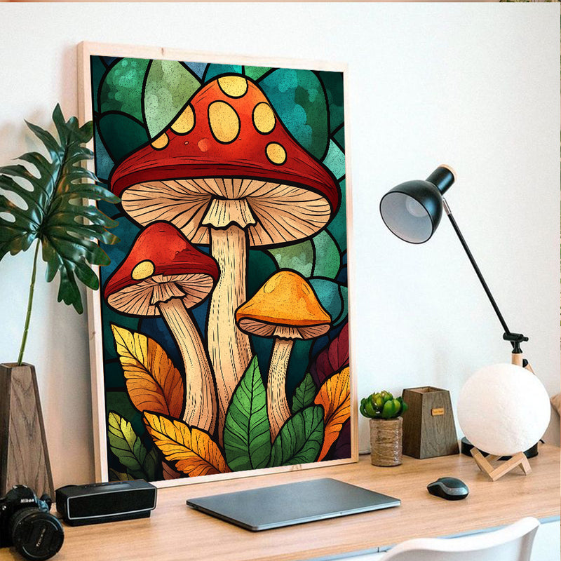 Mushrooms Stained Glass - Living Room - Canvas Wall Art - Print - Wall Decor