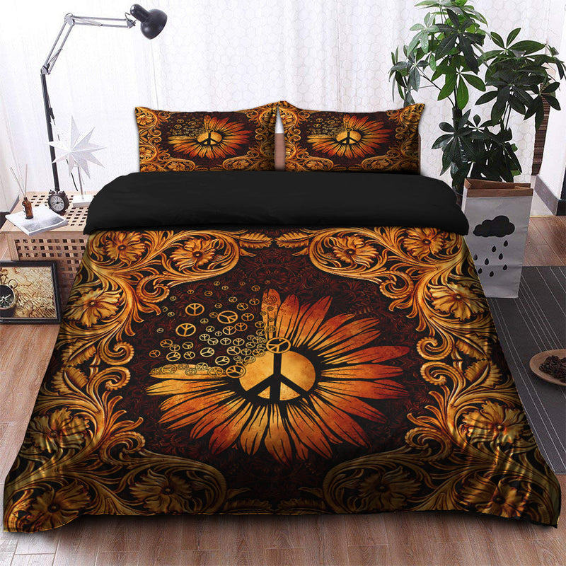 Peace Sign Sunflower Hippie Bedding Set Duvet Cover And 2 Pillowcases Nearkii