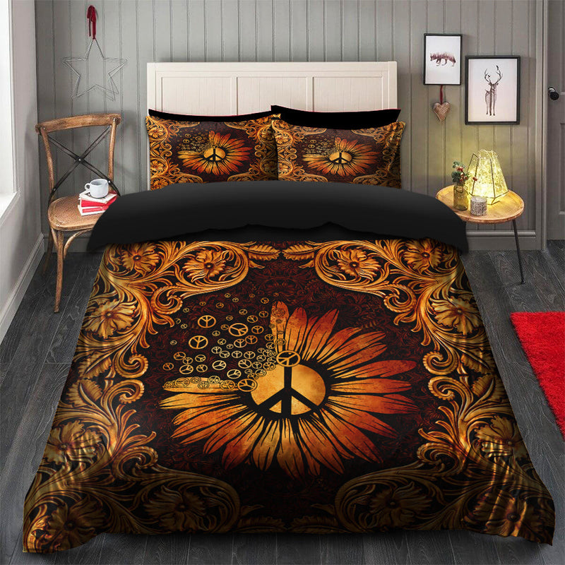 Peace Sign Sunflower Hippie Bedding Set Duvet Cover And 2 Pillowcases Nearkii