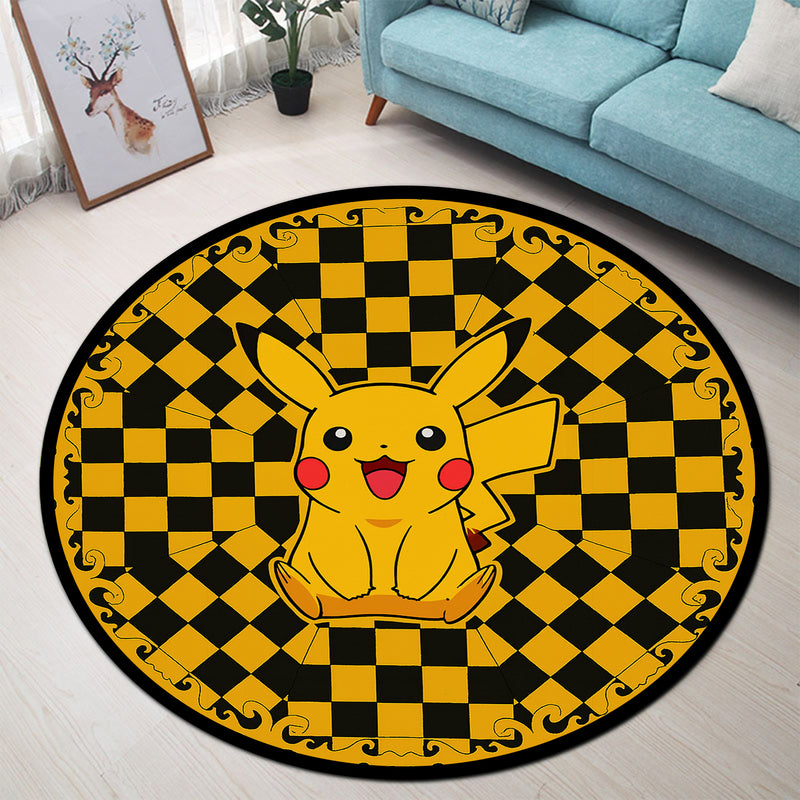 Pikachu Pokemon Yellow Checkered Round Rug