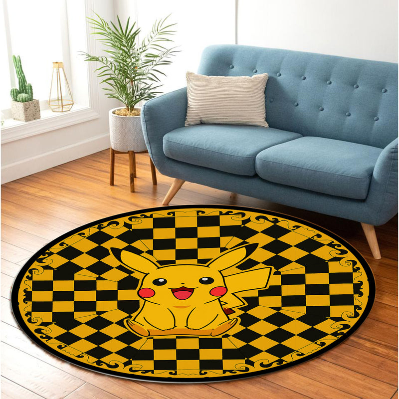 Pikachu Pokemon Yellow Checkered Round Rug