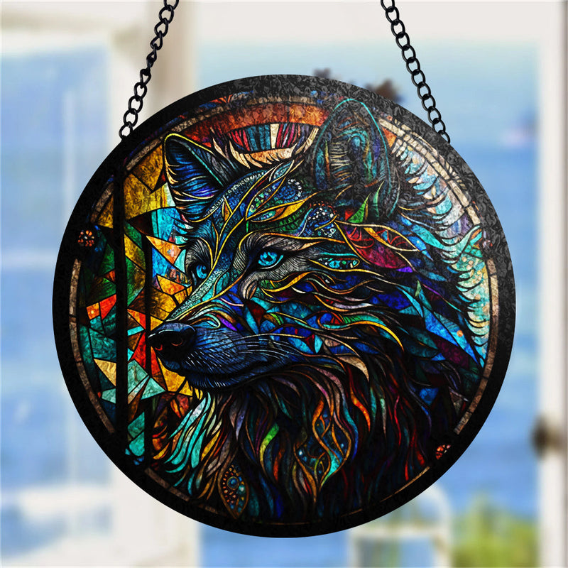 Psychedelic Wolf Round Stained Glass Suncatcher