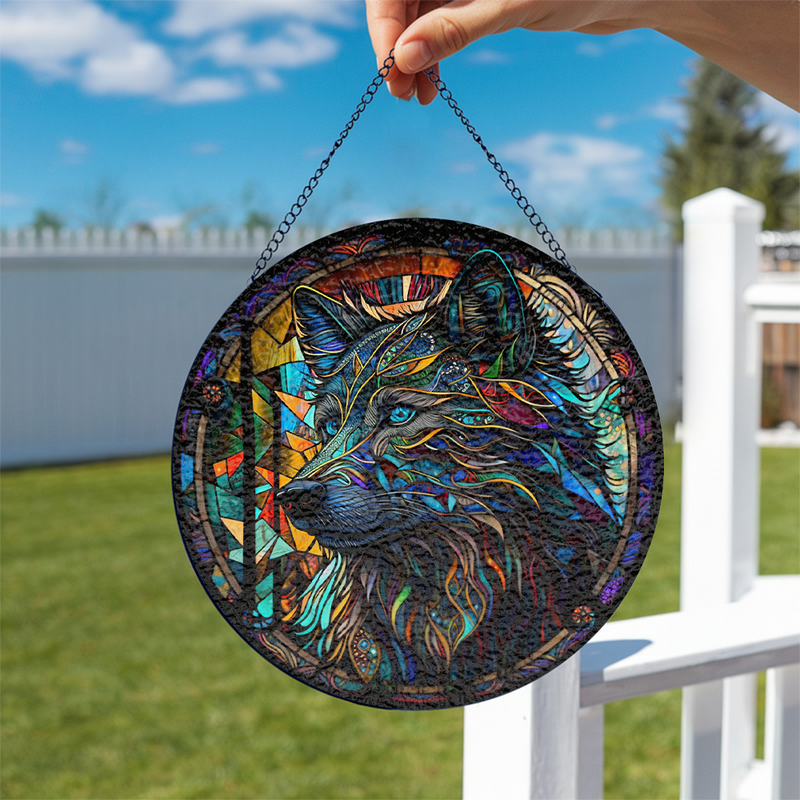 Psychedelic Wolf Round Stained Glass Suncatcher