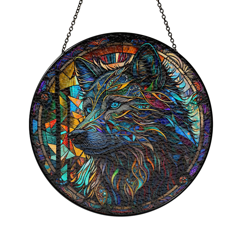 Psychedelic Wolf Round Stained Glass Suncatcher