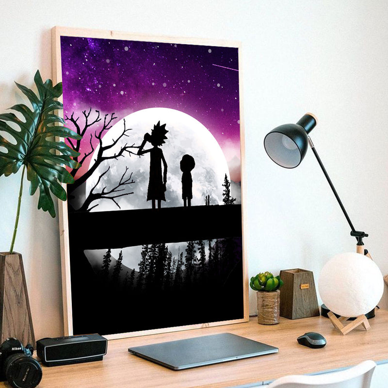 Rick And Morty Moon Night - Living Room - Canvas Wall Art - Print - Wall Decor