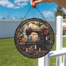 Sewing Machine Round Stained Glass Suncatcher