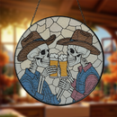 Cowboy Skull Skeleton Drinking Beer Stained Glass Suncatcher