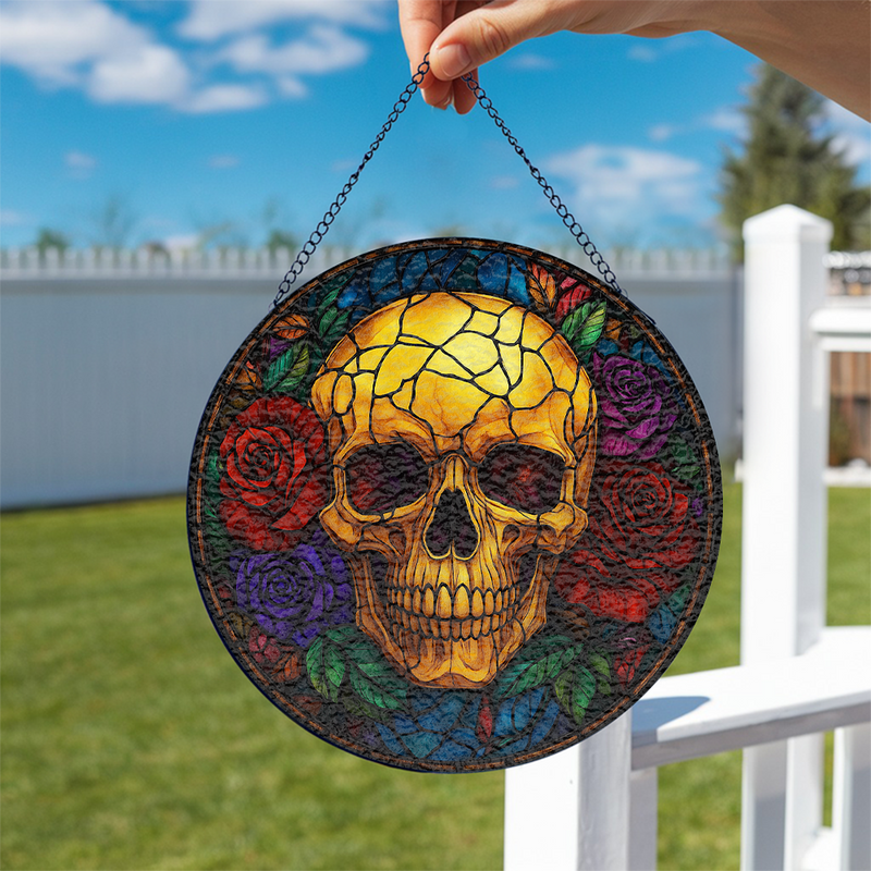 Skull Rose Stained Glass Suncatcher