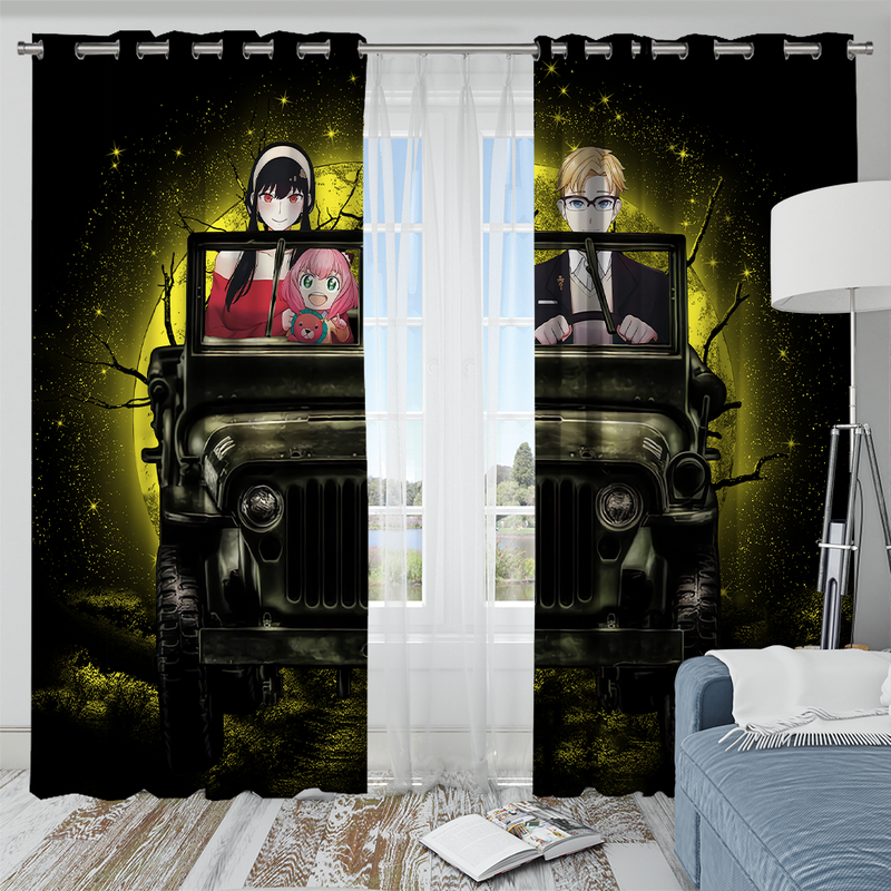 Spy X Family Yor And Anya Ride Jeep Moonlight Halloween Funny Window Curtain