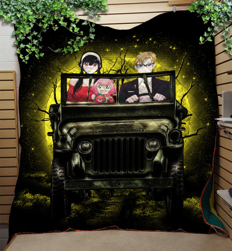 Spy x Family Yor And Anya Ride Jeep Funny Moonlight Halloween Quilt Blanket Nearkii